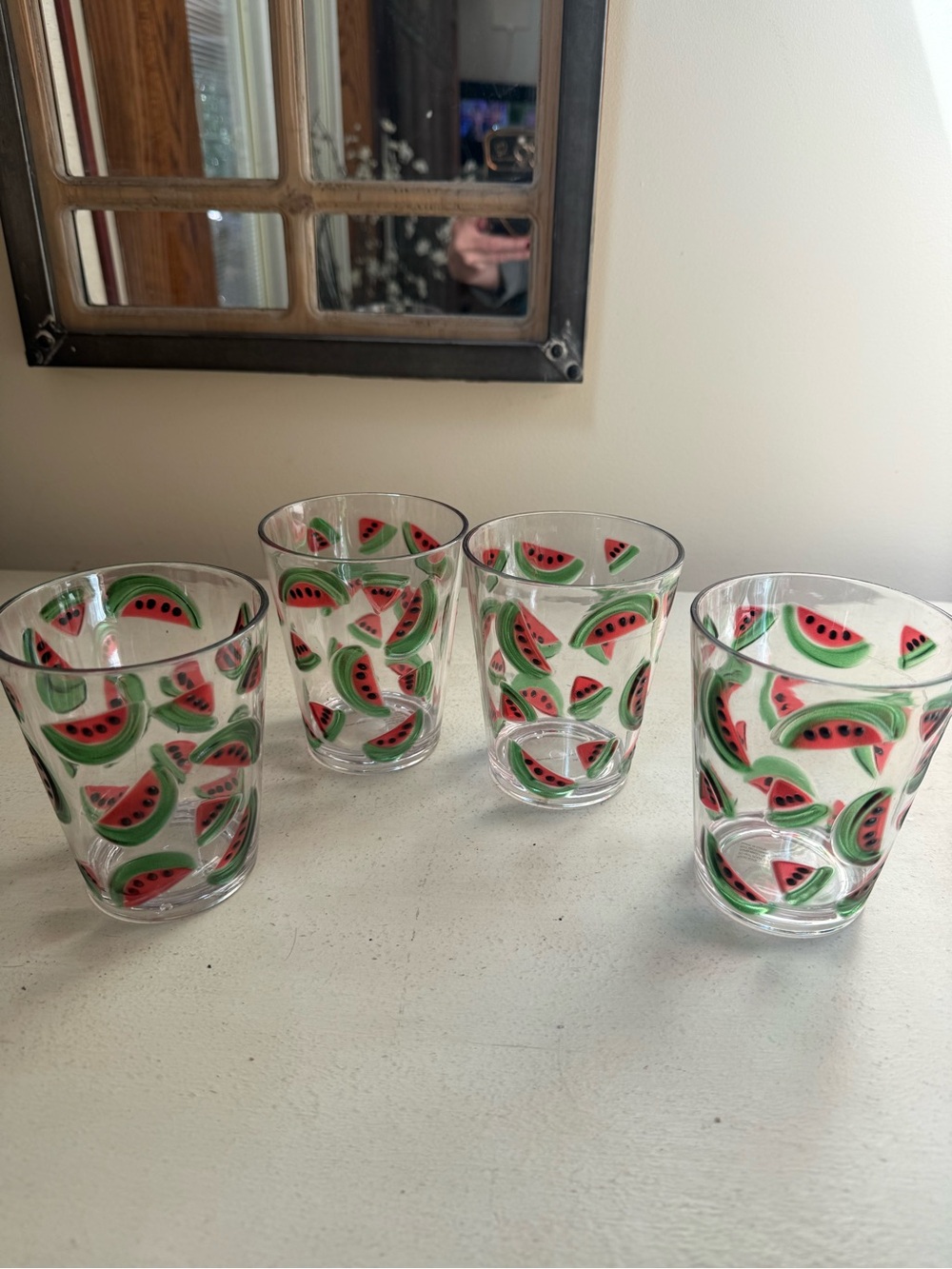 Set of 4 Watermelon Accent Drinking Glasses - Clear with Red & Green Fruit Motif